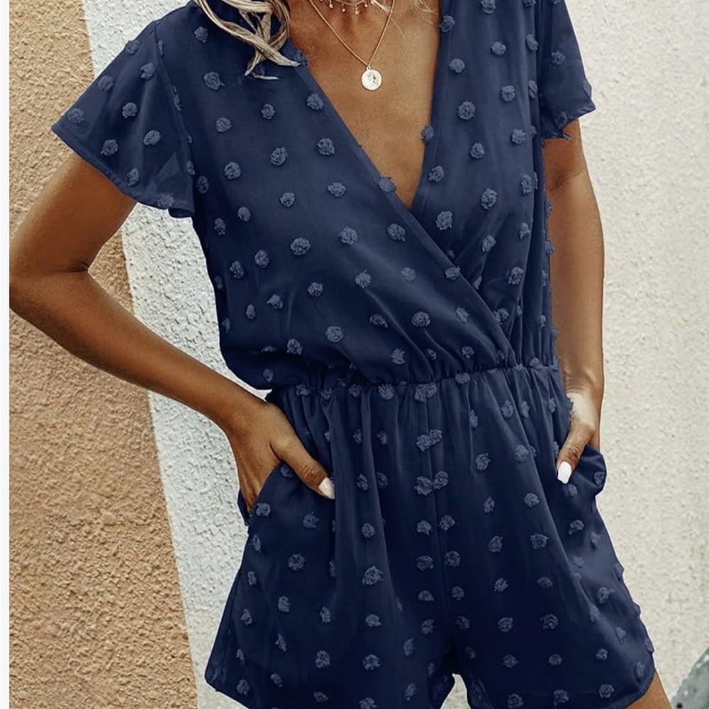 Navy Blue V-Neck wrap style Swiss dot romper.